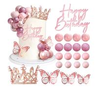 XFSRG 34 Pezzi Topper Torta Set Corona Farfalle Palloncini Cake Topper Decorativi Accessori per Compleanno Festa Matrimonio(Rosa)