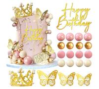 XFSRG 39 Pezzi Topper Torta Set Corona Farfalle Palloncini Cake Topper Decorativi Accessori per Compleanno Festa Matrimonio(Ororosa)