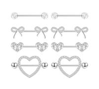 XFSRG 4 Paia 14G Piercing Capezzoli per Donna Body Piercing Nipple Stainless Steel Nipple Barbell Set Carino Cuore Farfalle Lingua Ipoallergenico Gioielli Piercings (Argento)