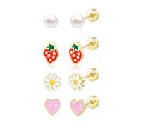 XFSRG 4 Paia Orecchini a Bottone per Bambina con Perla Fragola Fiore Margherita e Cuore a Perno con Zirconi Piccoli Ipoallergenici Orecchini Piercing Cartilagine Trago (Oro)