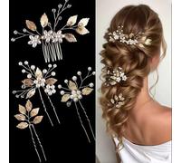 XFSRG 4 Pezzi Accessorio per Capelli da Sposa Pettini per Capelli da Sposa e Forcine a U con Strass Perla Nuziale Decorativo Cerchietto Festa di Nozze Sera Semplice e Generoso (Oro)