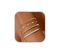 XFSRG 4 Pezzi Bracciale Donna Braccialetti Placcati in Oro 14K con Perle da 4 mm Bracciali Regolabile Set di Gioielli 16,5 cm Più 5 cm di Estensione