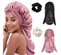 XFSRG 4 Pezzi Cuffia Seta Capelli Notte e Elastici Scrunchies Donna Elegante Ricci Bonnet per Dormire Protezione dei Capelli (IT, Alpha JASPO, Taglia Unica, Nero + Oro Rosa)