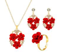 XFSRG 4 Pezzi Cuore Parure Gioielli Donna Rose Collana Orecchini Strass Anello Fiori Bigiotteria Set Elegante Accessori Regalo Natale Matrimonio Fidanzamento Cerimonia