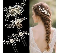XFSRG 4 Pezzi Forcine Capelli Sposa Fiore e Foglia per da con Cristalli Forcine Perle Fermagli per con Strass a Forma di Foglia Punti Luce Capelli Sposa (Oro B)