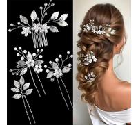 XFSRG 4 Pezzi Forcine Capelli Sposa Fiore e Foglia per da con Cristalli Forcine Perle Fermagli per con Strass a Forma di Foglia Punti Luce Capelli Sposa (Argento A)