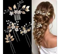 XFSRG 4 Pezzi Forcine Capelli Sposa Fiore e Foglia per da con Cristalli Forcine Perle Fermagli per con Strass a Forma di Foglia Punti Luce Capelli Sposa (Oro A)