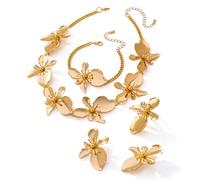 XFSRG 4 Pezzi Gioielli Donna Set Fiore Collana Bracciale Orecchini Anello Set Moda Regolabile Gioielleria Regalo per Cerimonia Matrimonio (Oro #2)