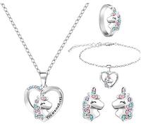 XFSRG 4 Pezzi Set Gioielli a Unicorno Collana Bracciale Regolabile Orecchini Anello con Zirconia Parure di Gioielli Unicorno per Bambina Regalo Accessori per Compleanno Feste