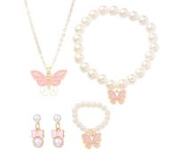 XFSRG 4 Pezzi Set Gioielli Farfalla Perle Collana Bracciale Anello Orecchini Bambina Ragazza Donna Elegante Accessori