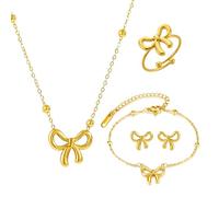 XFSRG 4 Pezzi Set Gioielli per Donna Ragazze Oro Fiocco Acciaio Inossidabile Collana Orecchini Bracciale Anello Parure Gioielli Donna