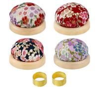 XFSRG 4 Puntaspilli con Base in Legno 2 Ditali da Cucito Set 6 Pezzi Pincushion Rotondo da Puntaspilli Giapponese Floreali Porta Spille Accessori Cucito per Cucito Quilting Ricamo (Set1)