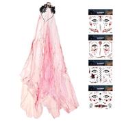 XFSRG 5 Pezzi Bloody Velo da Sposa Halloween Cerchietto dia de los Muertos Sanguinante Velo da Sposa in Pizzo Adesivi per Il Viso Halloween Vampiro Zombie Strega Cosplay Costume Spaventoso