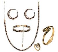 XFSRG 5 Pezzi Parure Gioielli Donna Stampa Leopardata Orecchini Anelli Bracciali Collane Accessori Sexy e Alla Moda