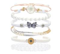 XFSRG 6 Pezzi Bracciale Boemia Set Braccialetti Amicizia Creativo Braccialetto Regolabile Intrecciato con Farfalla Girasole e Margherita Ciondolo Regalo Compleanno Donna Gioielli (Bianco)