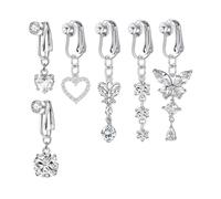 XFSRG 6 Pezzo Piercing Ombelico Finto Senza Buco Rame Anallergico Ombelico Gioielli Piercing Set Cuore Farfalla Diamante Lungo Gioielli Pancia Donne (Argento)