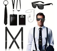 XFSRG 7 Pezzi Agente Costume Accessori Spy Costume Set con Occhiali da Sole Neri Cravatta Carte d'identità e Porta Carte Auricolare Finto e Tappi per le Orecchie e Cinghie dei Pantaloni（2）