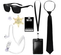XFSRG 7 Pezzi Agente Costume Accessori Spy Costume Set con Occhiali da Sole Neri Cravatta Carte d'identità e Porta Carte Auricolare Finto e Tappi per le Orecchie e Badge per Cosplay(1)