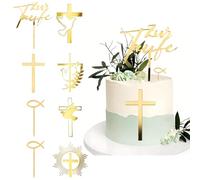 XFSRG 8Pcs Croce d'oro e Colomba Cake Decorazione per Torte di Compleanno Decorazione a Forma di Pesce in Acrilico Cake Topper Specchio per Feste Matrimoni