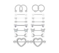 XFSRG 9 paia Piercing Capezzolo Set Gioielli per il Corpo Eleganti Piercing Lingua Design a Cuore Farfalla e Luna Adatto per Tutti