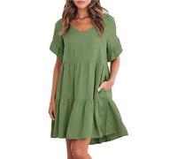 XFSRG Abiti Donna Estivi Casual Vestiti Donna Vestito Corto Comodo Ruffles V Collo Casuale Swing Vita Midi Abito con Tasche (Verde L)
