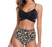 XFSRG Bikini Donna Vita Alta Stampato Costume da Bagno con Stampa Elegante per Spiaggia e Festa Borsa per Cellulare Costume Mare Cavezza Sexy(Nero-XL)
