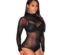 XFSRG Body da donna a collo alto a manica lunga sexy stretch top trasparente slim elegante body per Clubwear Streetwear, Nero , L