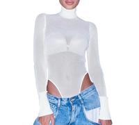 XFSRG Body Donna Maniche Lunghe Sexy Trasparente Mesh Bodysuit Collo Alto Elasticizzato Leotard Casuale Jumpsuits Tops Clubwear (Bianco/L)