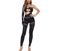 XFSRG Body Donna Sexy Trasparente Spalle Scoperte a Manica Lunga con Scintillio Strass Jumpsuit per Feste e Serate(Nero#2)