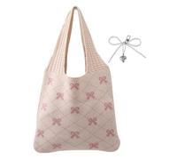 XFSRG Borse Tote Donna Borsa all'Uncinetto Estetica da Spiaggia Grande Capacità Tracolla Borsa Leggera Maglia con Ciondolo Fiocco per Uso Viaggi Shopping Scuola Lavoro（Rosa）