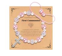 XFSRG Bracciale Donna Argento 925 Elegante con Perle Rosa e Croce Bracciale Donna Acciaio Inossidabile per Comunione e Occasioni Speciali (Rosa)