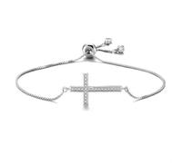 XFSRG Bracciale Donna Bracciale Oro 18K Placcato Regolabile Braccialetto Croce Ciondolo con Zirconi Prima Comunione Cristiano Regali per Mamme Donne Ragazze (Argento 2)