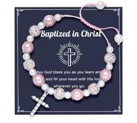 XFSRG Bracciale per Prima Comunione per Ragazze Bracciali Rosa di Perline Croce Bracciale Corda Regalo Cristiano Braccialetto Regolabile Regali di Compleanno Gioielli per Bambina Donna (Rosa 2)