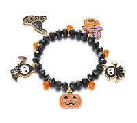 XFSRG Bracciali Donna Halloween Bracciale con Ciondoli Tematici Gioielli Donna Elastico con Perline Cristallo Accessori Festa Braccialetto Regolabile (Viola, Cappello Magico e Zucca)