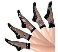 XFSRG Calzini Donna Corti Trasparenti con Ricami Floreali Calze Estive Donna Eleganti in Poliestere Ideali per Tutte le Occasioni (Nero)