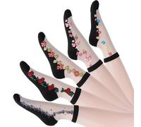 XFSRG Calzini Donna Corti Trasparenti con Ricami Floreali Calze Estive Donna Eleganti in Poliestere Ideali per Tutte le Occasioni (Nero, Bianco)