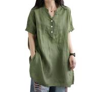 XFSRG Camicetta Donna Manica Corta in Lino e Cotone Scollo a V con Bottoni Casual Blouse Tinta Unita Estive Blusa Top Camicie di Comoda e Traspirante Classico Maglietta(Verde/XXL)
