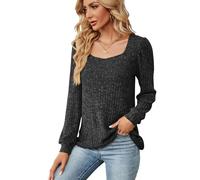 XFSRG Camicia Donna Collare Quadrato T Shirt Camicetta Top Moda Sciolto Manica Lunga Casual Solido Maglietta (Nero/XL)