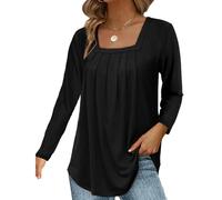 XFSRG Camicia Donna Manica Lunga Collo Quadrato Plissettato T Shirt Elegante Blusa Altalena Camicetta Allentata Casual Lunga Tunica Top per Uscire (Nero L)