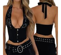 XFSRG Canotta Donna Estiva Sexy Bralette in Pizzo Magliette Senza Maniche Scollo a V Crop Top Look Femminile per Party, Moda Street e Occasioni Eleganti