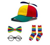 XFSRG Cappello Elica Colorato per Adulti e Bambini, Set Accessori Festa con Calzini Arcobaleno, Papillon Divertente e Occhiali Rotondi, Costume Carnevale e Eventi a Tema
