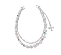 XFSRG Catena Pantaloni a Doppio Strato con Fiori Strass e Perle Accessorio Chain per Uomo e Donna Wallet Chain per Jeans Pantaloni e Borse (Argento)