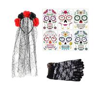 XFSRG Cerchietto Rose Halloween con Velo Accessori di Giorno Dei Morti con 6 Tatuaggi Viso e Guanto in Pizzo Nero Costume Halloween per Festival Festa Di Carnevale (Nero)