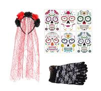 XFSRG Cerchietto Rose Halloween con Velo Accessori di Giorno Dei Morti con 6 Tatuaggi Viso e Guanto in Pizzo Nero Costume Halloween per Festival Festa Di Carnevale (Rosso)