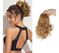 XFSRG Coda Capelli Donna 23 cm Extension Posticci Ricci Mossi Sintetici Coda di Cavallo Finta Naturale con Coulisse per Acconciature Eleganti o Quotidiane (Marrone dorato)