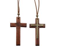 XFSRG Collana Croce Vintage in Legno Collane Lunga 100 cm con Ciondolo Croce Doppio Strato 5×8 cm Gioiello Cristiano e Decorazione Auto per Retrovisore (Marrone)