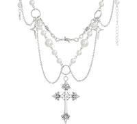 XFSRG Collana Girocollo Donna con Croce e Perle - Collana Estiva in Acciaio Inossidabile - Catenina Argento Elegante per Ogni Occasione