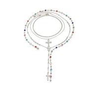 XFSRG Collana Multistrato a Croce in 4 Pezzi con Strass Colorati e Nappa Collier Boho Vintage a Strati per Donna, Elegante Collana per Clavicola (Argento)