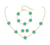 XFSRG Collana Quadrifoglio Parure Gioieili Fortunato Quattro Foglie Placcato Orecchini Bracciali 18k Oro Acciaio inossidabile con Fiore per Donna Ragazze（Verde）