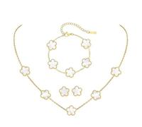 XFSRG Collana Quadrifoglio Parure Gioieili Fortunato Quattro Foglie Placcato Orecchini Bracciali 18k Oro Acciaio inossidabile con Fiore per Donna Ragazze（Bianco）